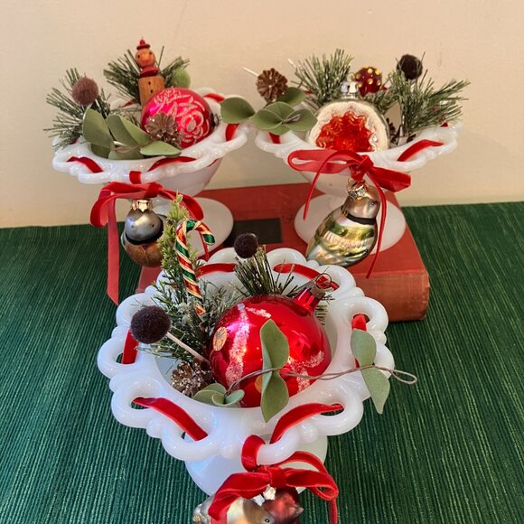 Vintage Christmas Tabletop Decor featuring Anchor Hocking Milk Glass Bowls x 3 - Picture 9 of 10